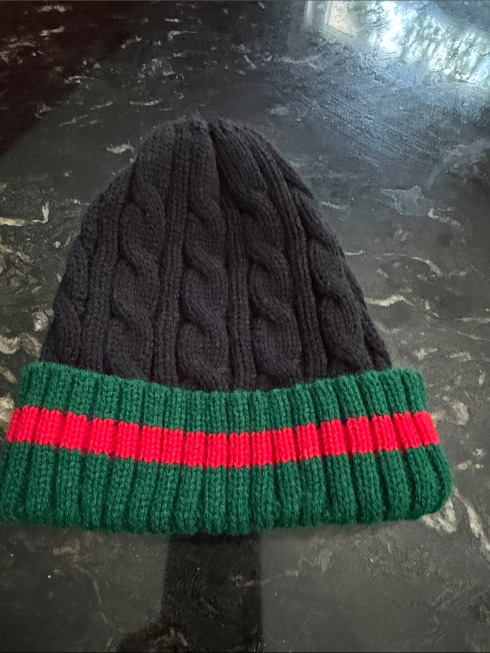 Knit Beanie Hat with Green and Red Stripe